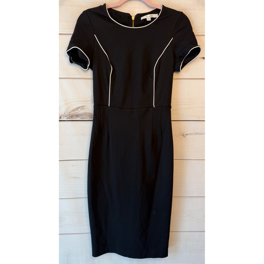 Boden Black Sheath Dress White Contrast Piping Gold Back Zip Short Sleeve US 4